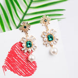 New Luxury Green Rhinestone Charm Pearl Pendant Drop Earrings - Uncommon Remington 