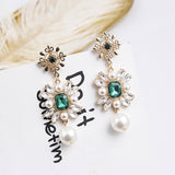 New Luxury Green Rhinestone Charm Pearl Pendant Drop Earrings - Uncommon Remington 