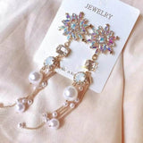 2019 Korean  Crystal Flower Simulated Pearl Tassel Long Earrings (Luxury style) - Uncommon Remington 