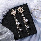 2019 Korean  Crystal Flower Simulated Pearl Tassel Long Earrings (Luxury style) - Uncommon Remington 