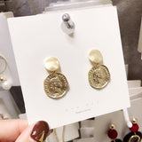 (S925 Pin) Vintage S925 Sterling Gold Plated Knot Geometric Round Lucky Queen Head Coin Long Drop Earrings - Uncommon Remington 