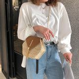 Hexagon Mulit Style Straw+leather Handbag  Beach Vibe Bohemia Shoulder Bag - Uncommon Remington 