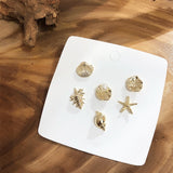 (Beach Vibe/Summer Must) Korean Fashion Pearl Ball Metal Golden Irregular Geometric Conch Shell Starfish Stud Earrings Set - Uncommon Remington 