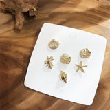 (Beach Vibe/Summer Must) Korean Fashion Pearl Ball Metal Golden Irregular Geometric Conch Shell Starfish Stud Earrings Set - Uncommon Remington 